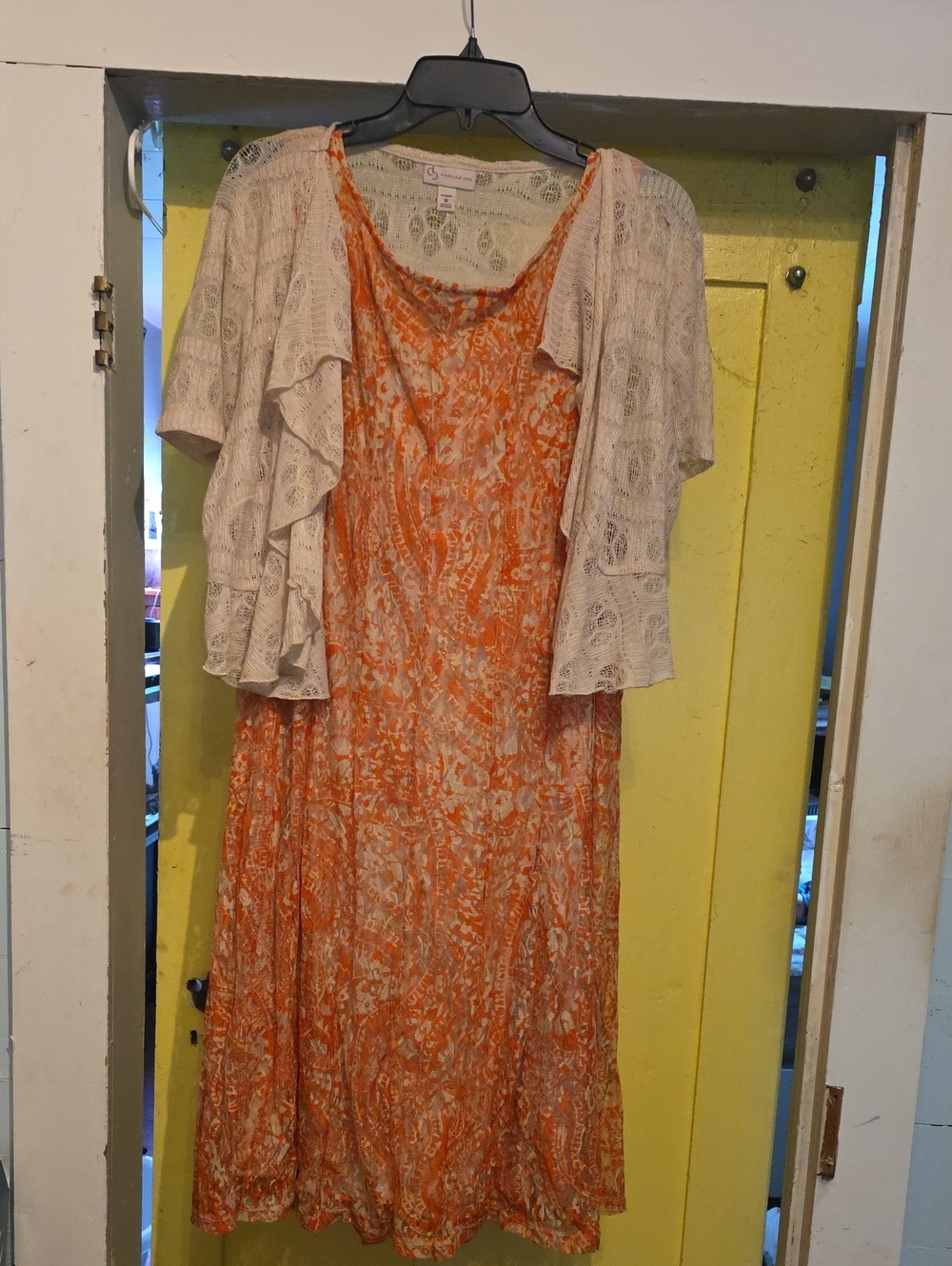 CB Established Charming Orange Printed Dress with Cream Lace Overlay
